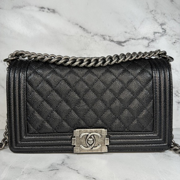 ❌❌ Chanel Boy Bag Caviar Old Medium Classic Quilted Black Caviar Flap CC Leboy - Picture 5 of 16